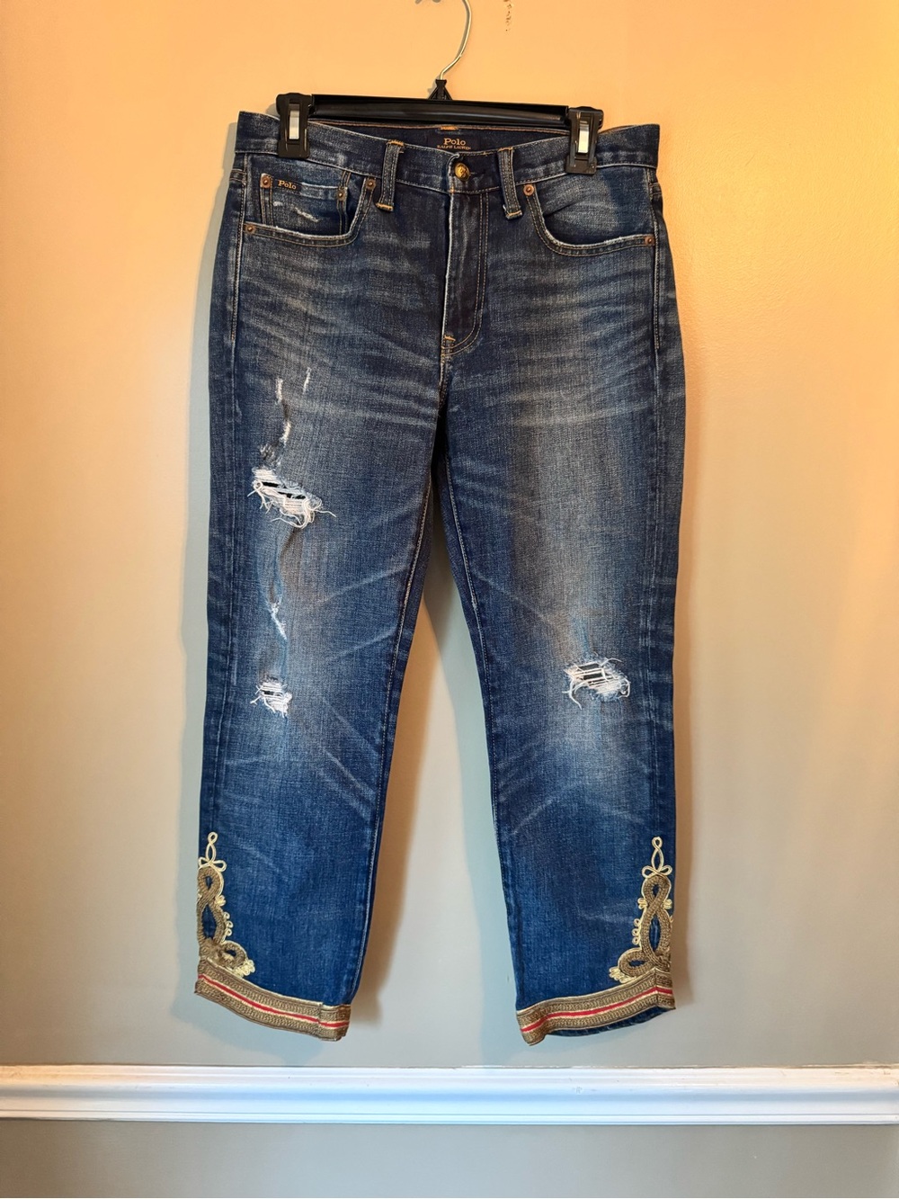 Polo by Ralph Lauren Distressed Cropped Embroidered Hem Jeans - Blue